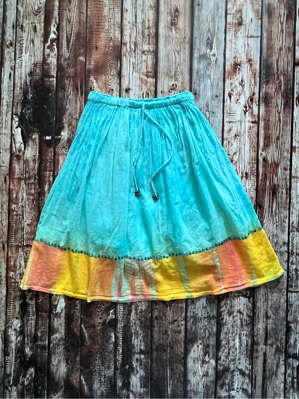 Tokyo Boho Tie-Dye Midi Skirt in Turquoise & Yellow